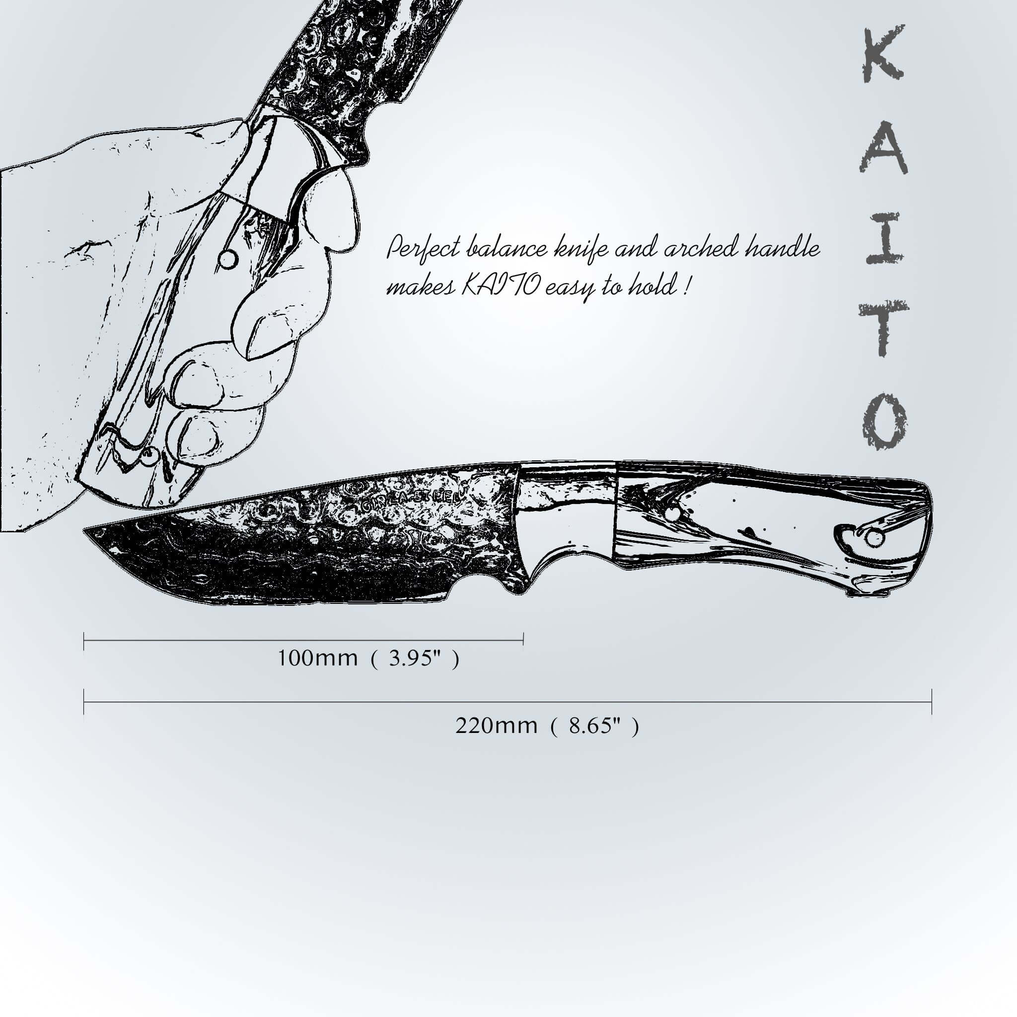 Couteau de boucher Kaito en acier damassé, lame de 4 pouces avec étui en cuir original.