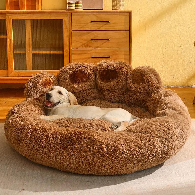 Fluffy Paw-Shaped Dog Bed – Warm Fleece Kennel for Medium & Large Dogs (Dark Coffee, Light Gray, Pink | M–3XL)