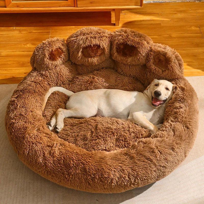 Fluffy Paw-Shaped Dog Bed – Warm Fleece Kennel for Medium & Large Dogs (Dark Coffee, Light Gray, Pink | M–3XL)