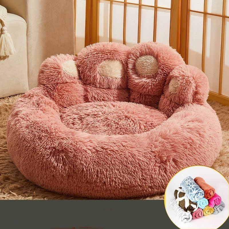Fluffy Paw-Shaped Dog Bed – Warm Fleece Kennel for Medium & Large Dogs (Dark Coffee, Light Gray, Pink | M–3XL)