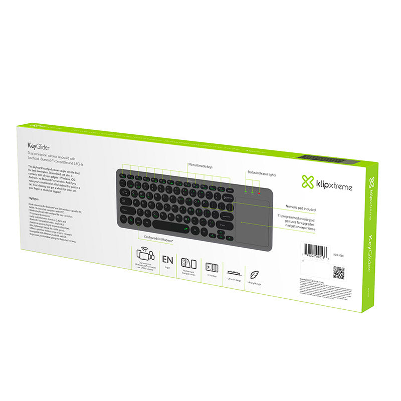 Klipxtreme - Keyboard Bluetooth or Wireless 2.4Ghz KeyGlider with Touch Pad Ultra Thin & Lightweight PCs Laptops TVs PC/Mac/iOS/Android