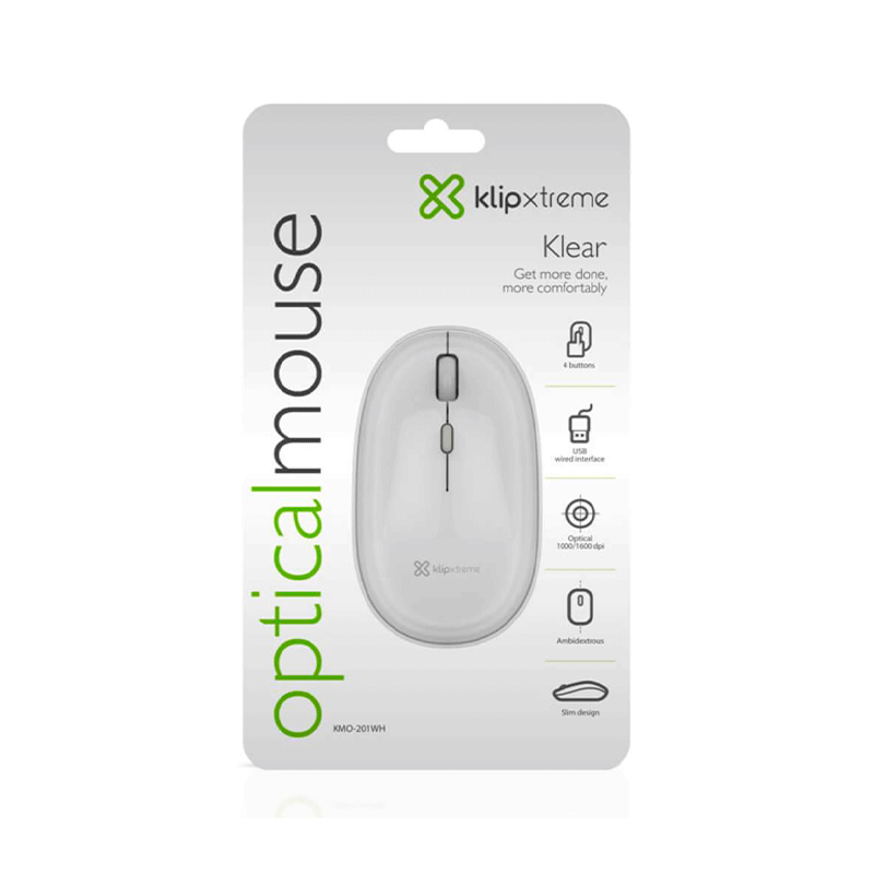 Klipxtreme - Mouse Wired 4 Button with Scroll Ambidextrous 1600dpi Ergonomic PC/Mac - White (KMO - 201WH)