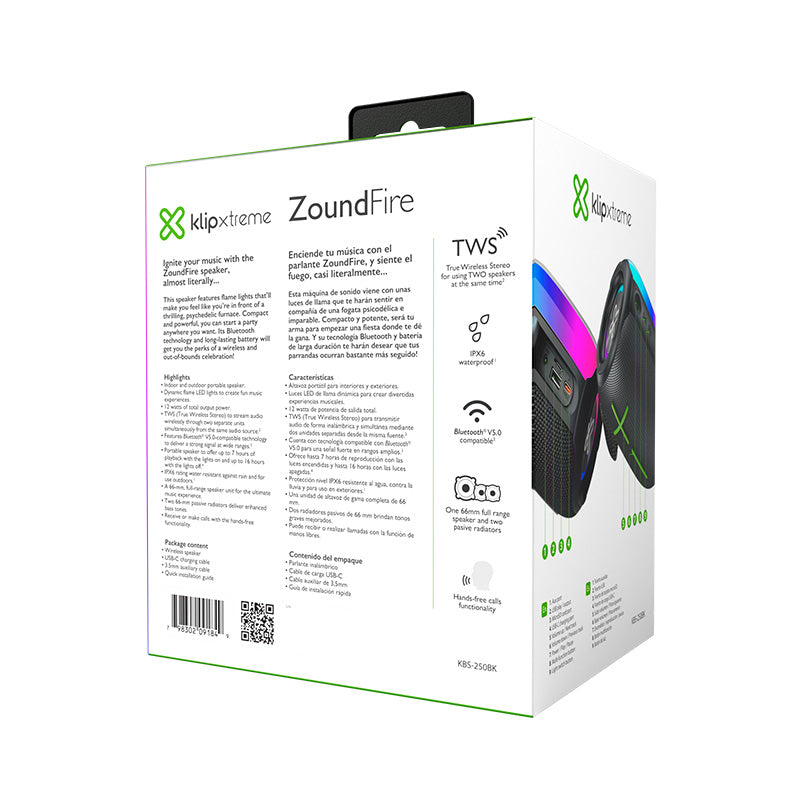 Klipxtreme - Speaker Bluetooth ZoundFire 12W Flame LED Lights TWS IPX6