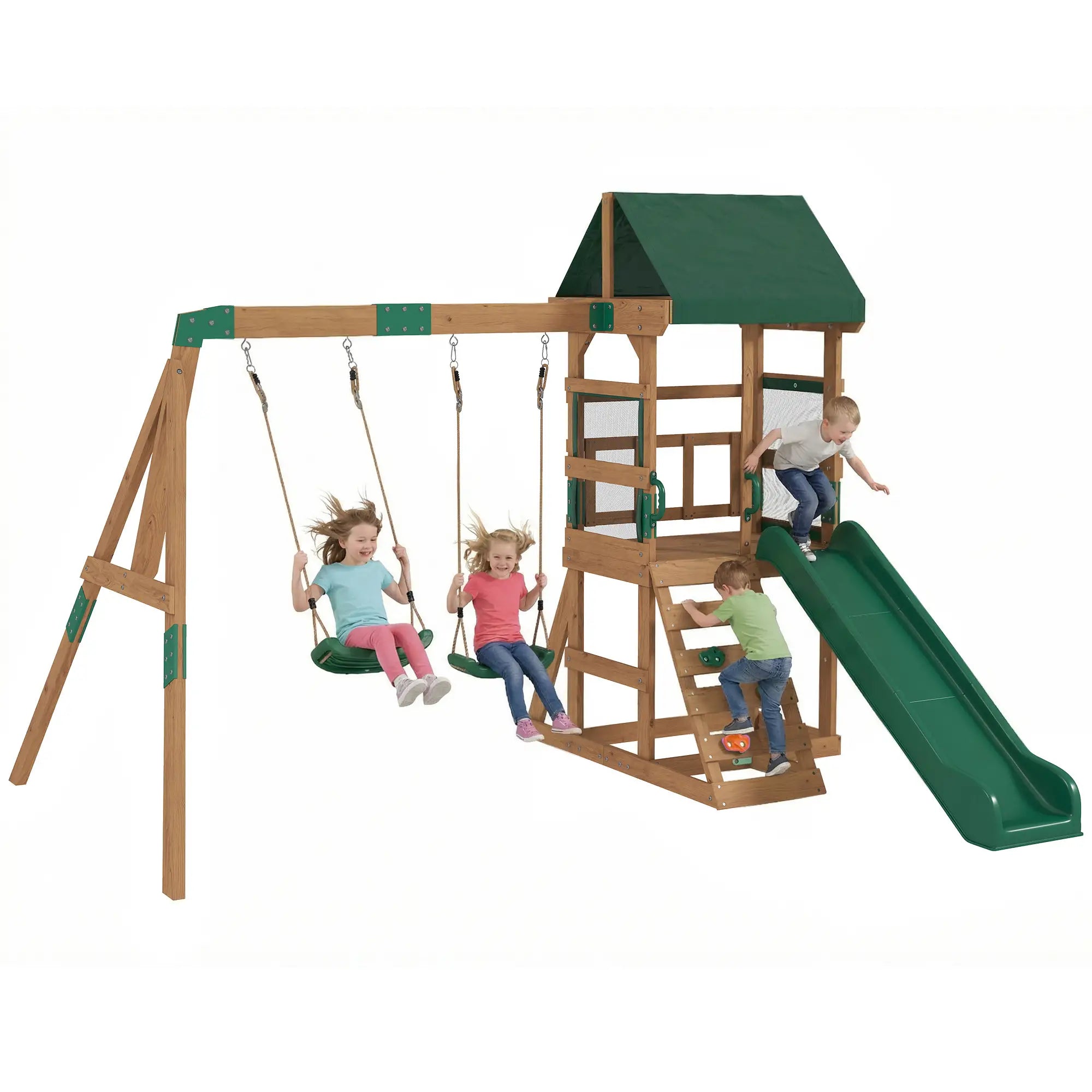 Qaba Wooden Swing Set with Slide, 2 Swings & Rock Wall (Kids Outdoor Playset)