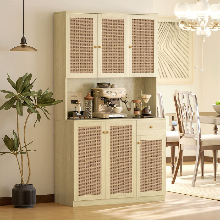 Milan Boho Kitchen Pantry Cabinet with Decorative Rattan Doors-Natural