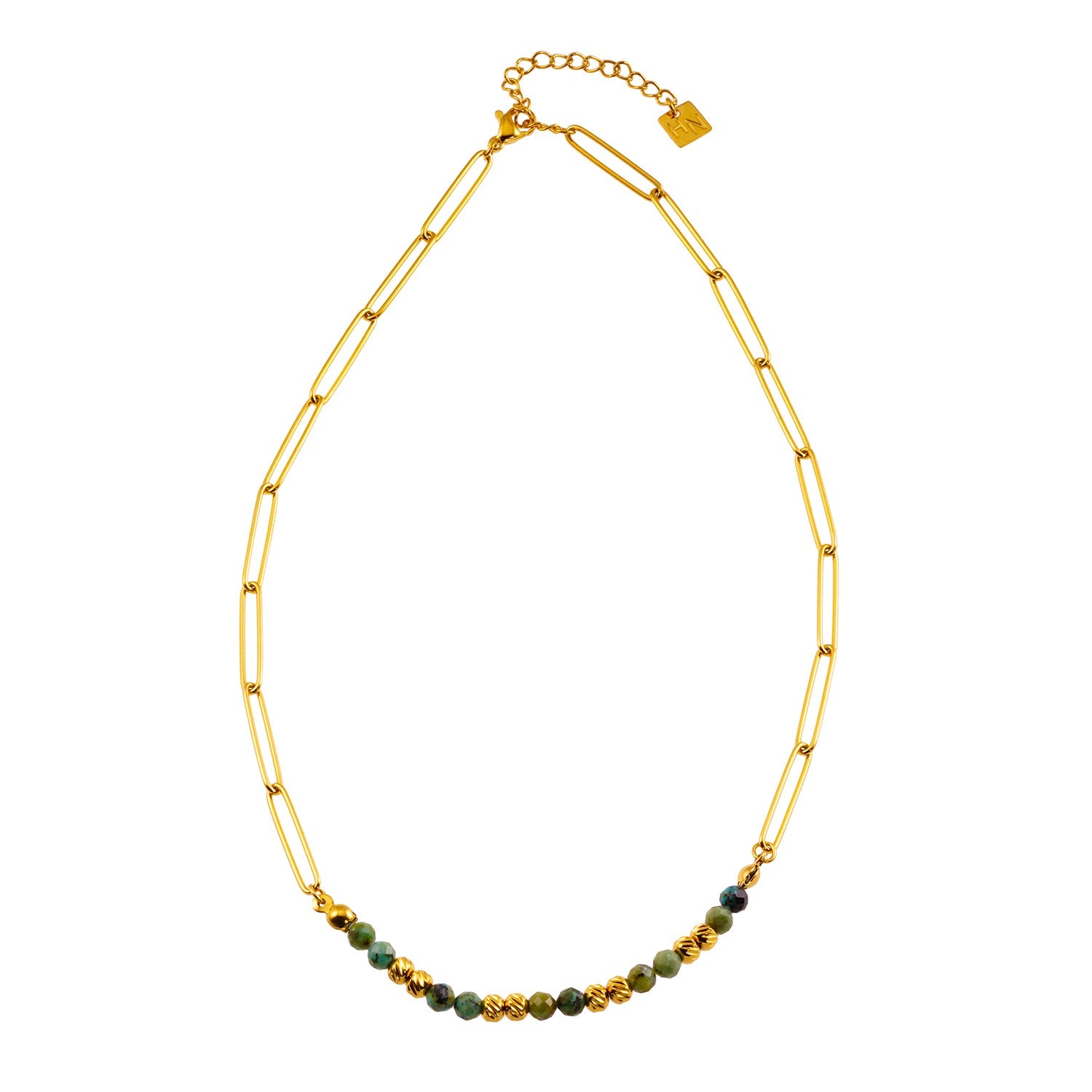 LAIMA : Collier chaîne à maillons en papier doré et pierres de turquoise africaine.