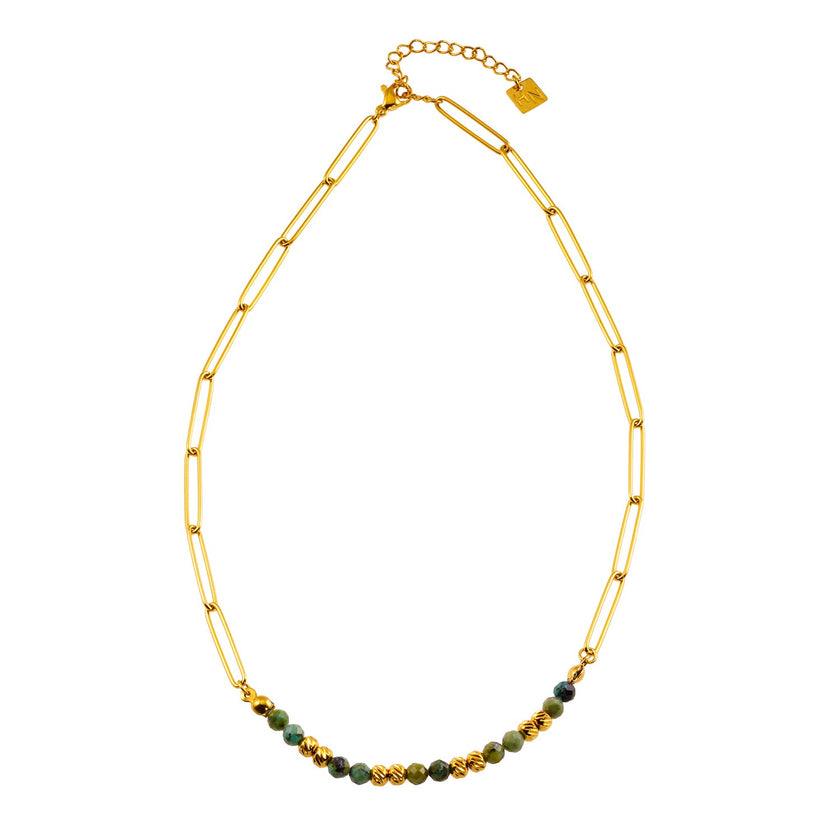 LAIMA : Collier chaîne à maillons en papier doré et pierres de turquoise africaine.