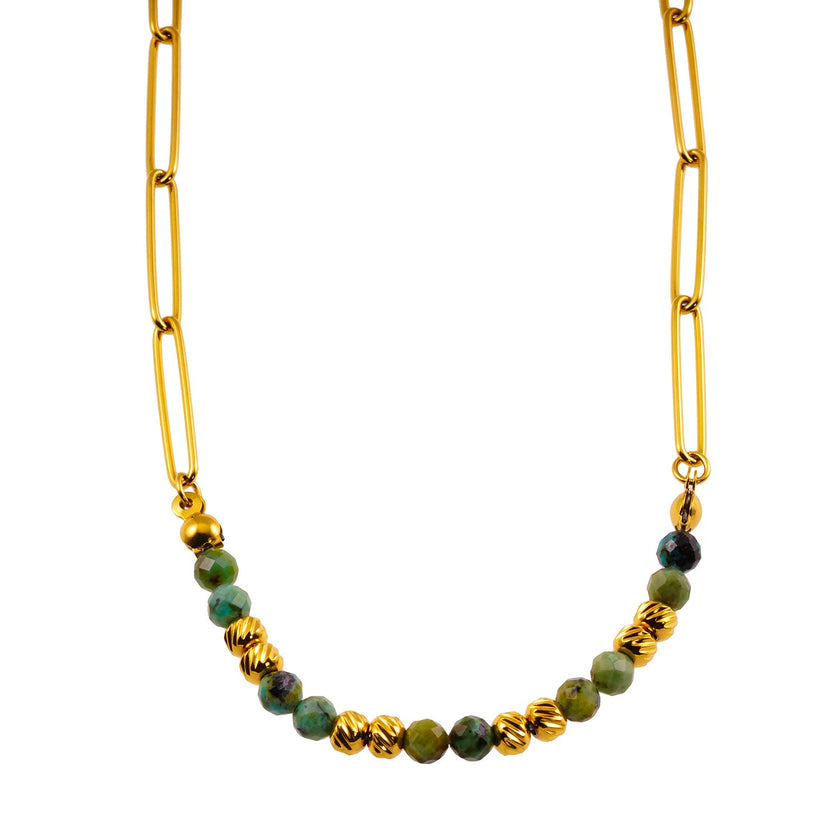 LAIMA : Collier chaîne à maillons en papier doré et pierres de turquoise africaine.