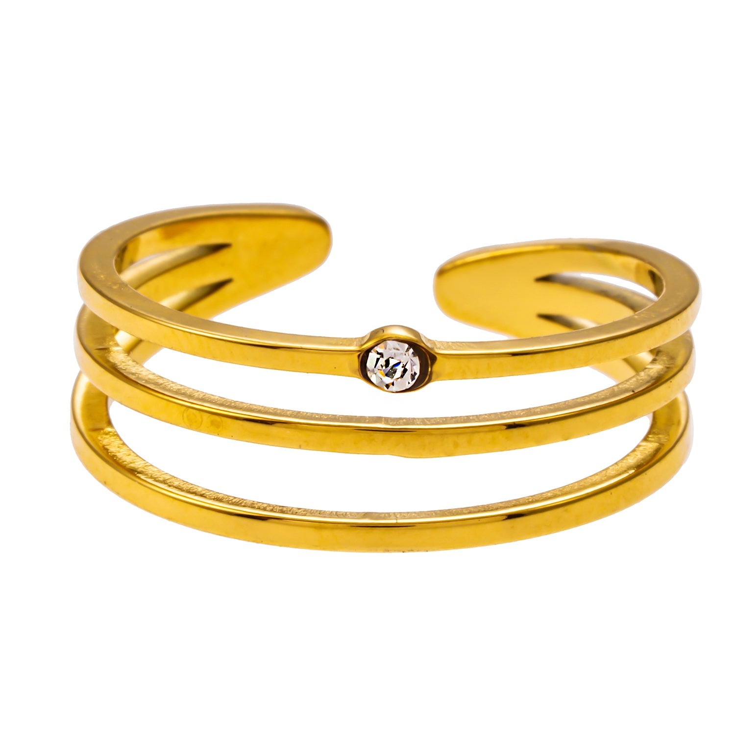 Style LIEZEL : Bague à trois anneaux avec une pierre précieuse en zircone solitaire.