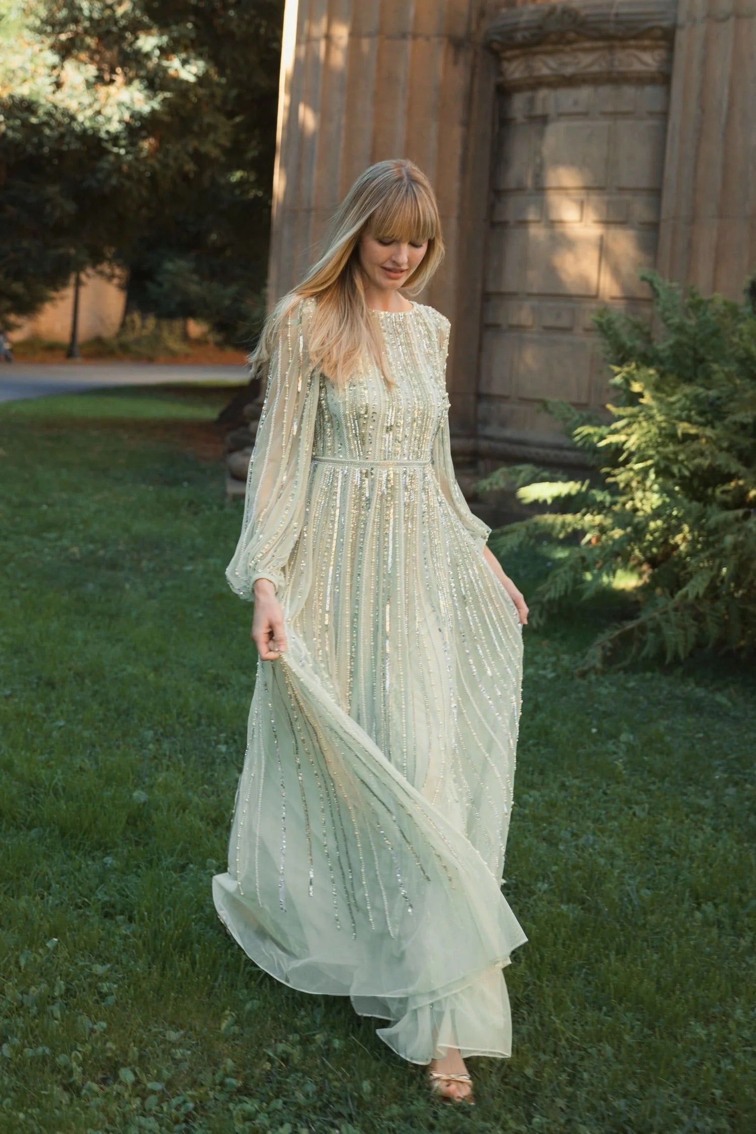 Boat Neck Long Sleeve Gown With Striped Beading