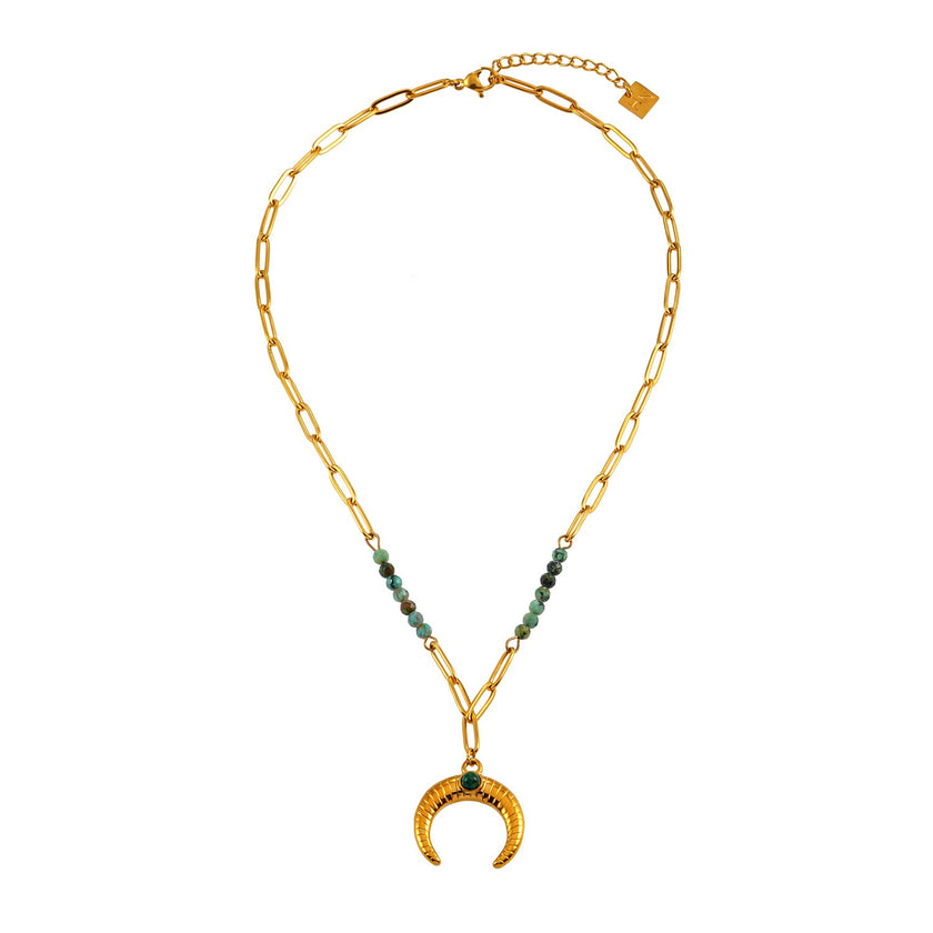 LILLE : Collier doré avec pendentif croissant de lune en turquoise africaine naturelle, style bohème chic.