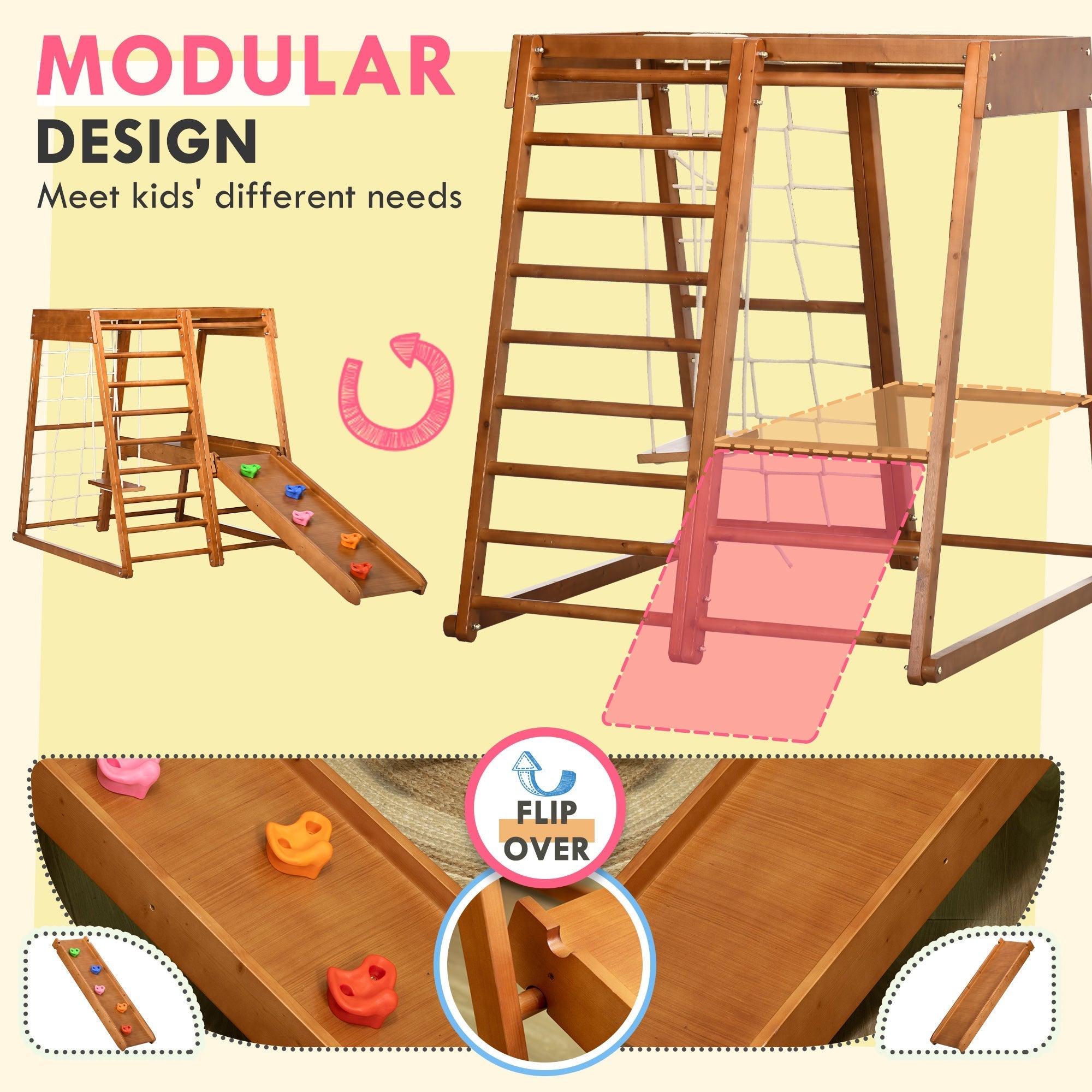 Qaba 6-in-1 Children's Jungle Gym Indoor Playground with Slide Climbing Wall Swing Monkey Bars for Kids Play Area