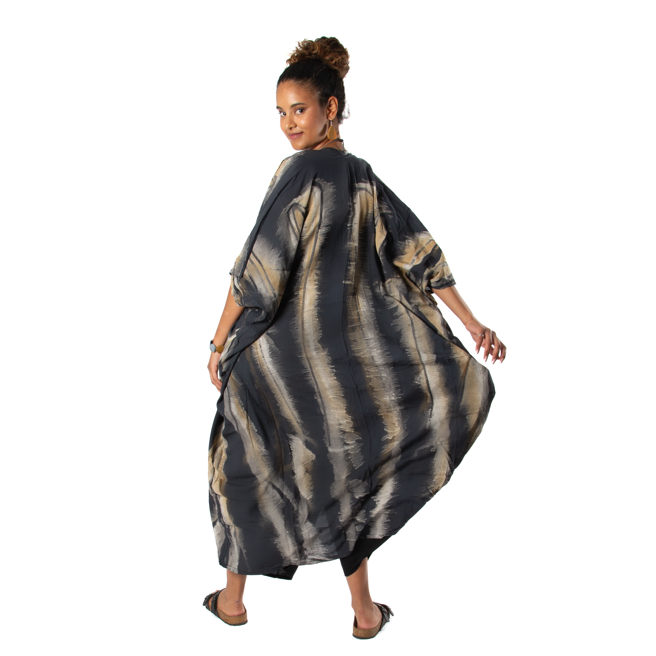 Abstract Tie Dye Long Kimono - Grey & Gold