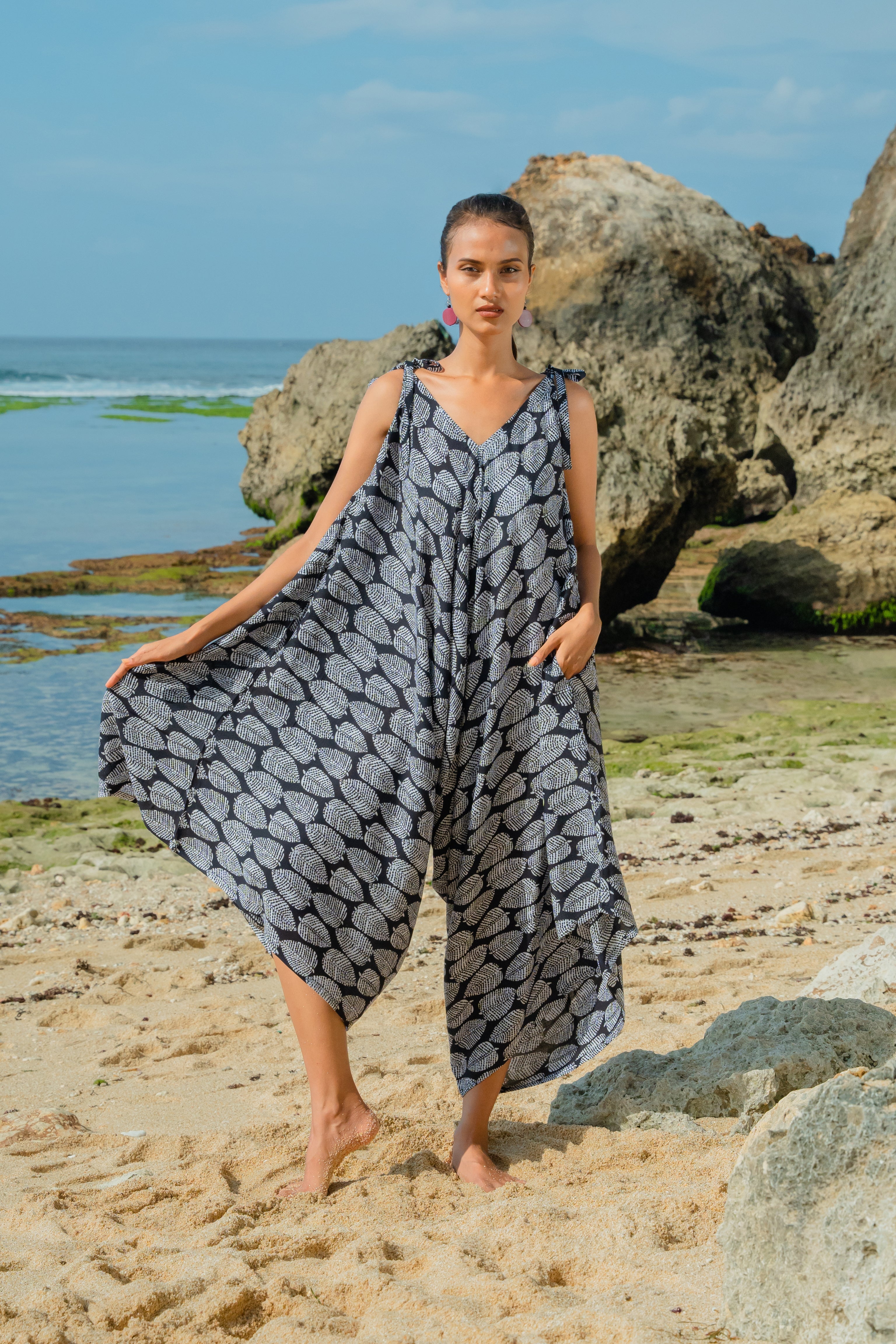 Leaf Print Romper - Black & White