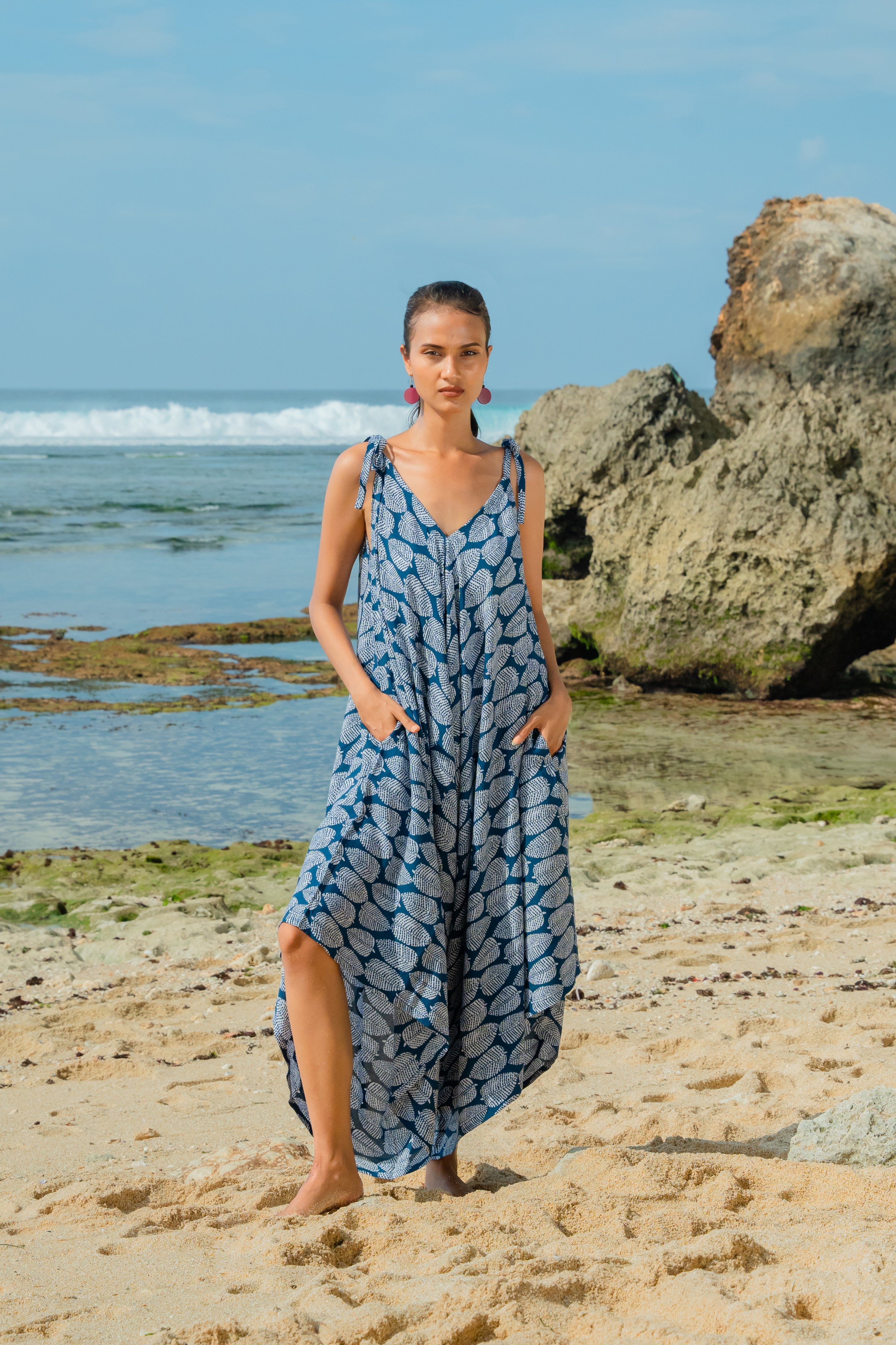 Leaf Print Romper - Navy & White