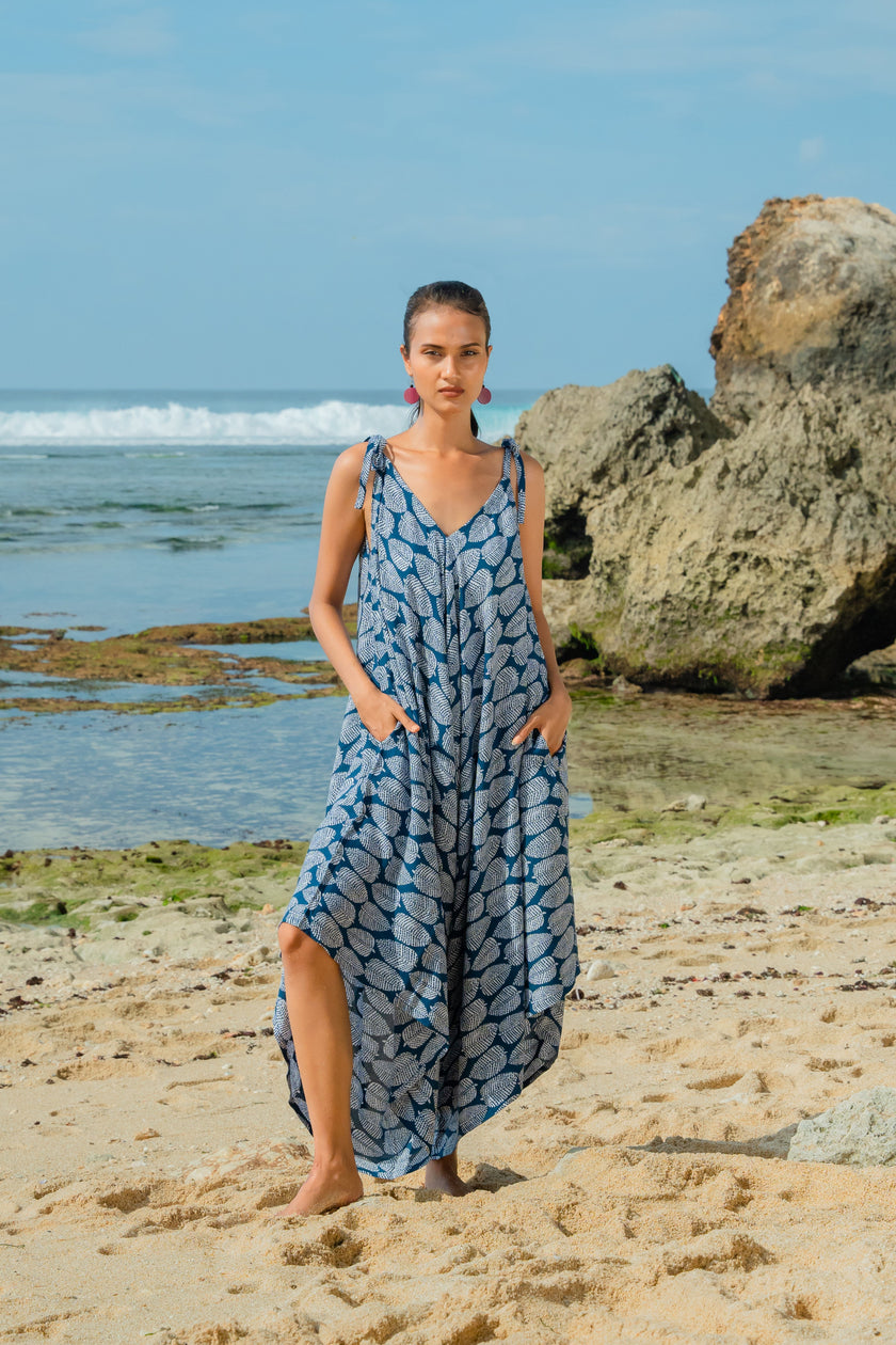 Leaf Print Romper - Navy & White