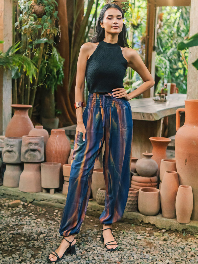 Navy & Gold Abstract Tie Dye Bali Pants