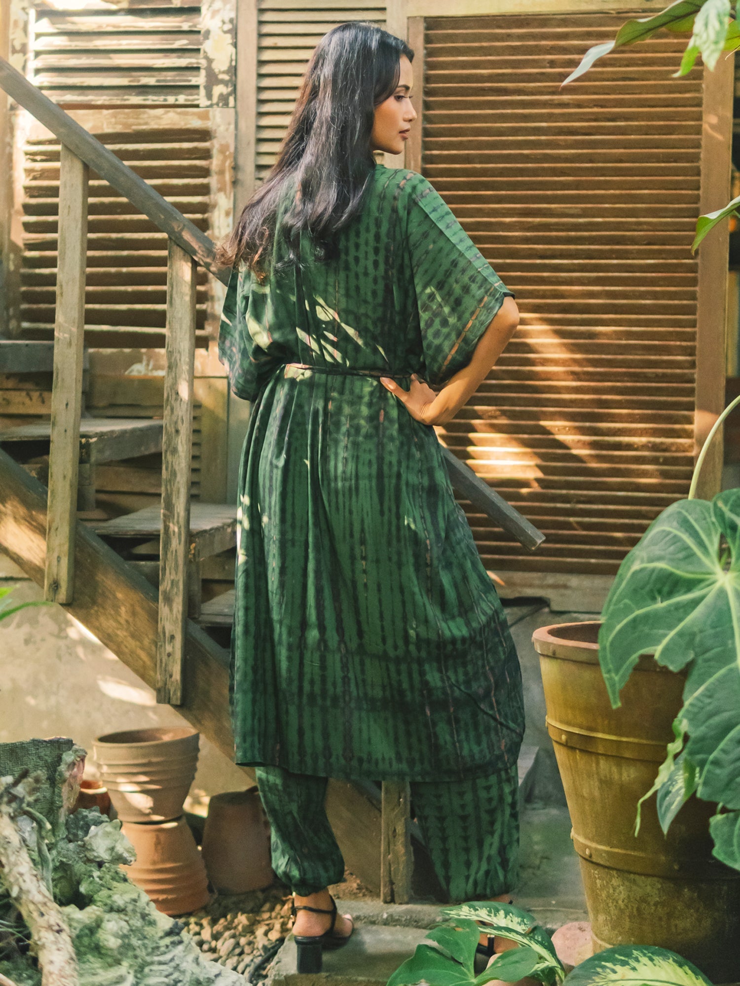Tie Dye Long Kimono -Green & Gold
