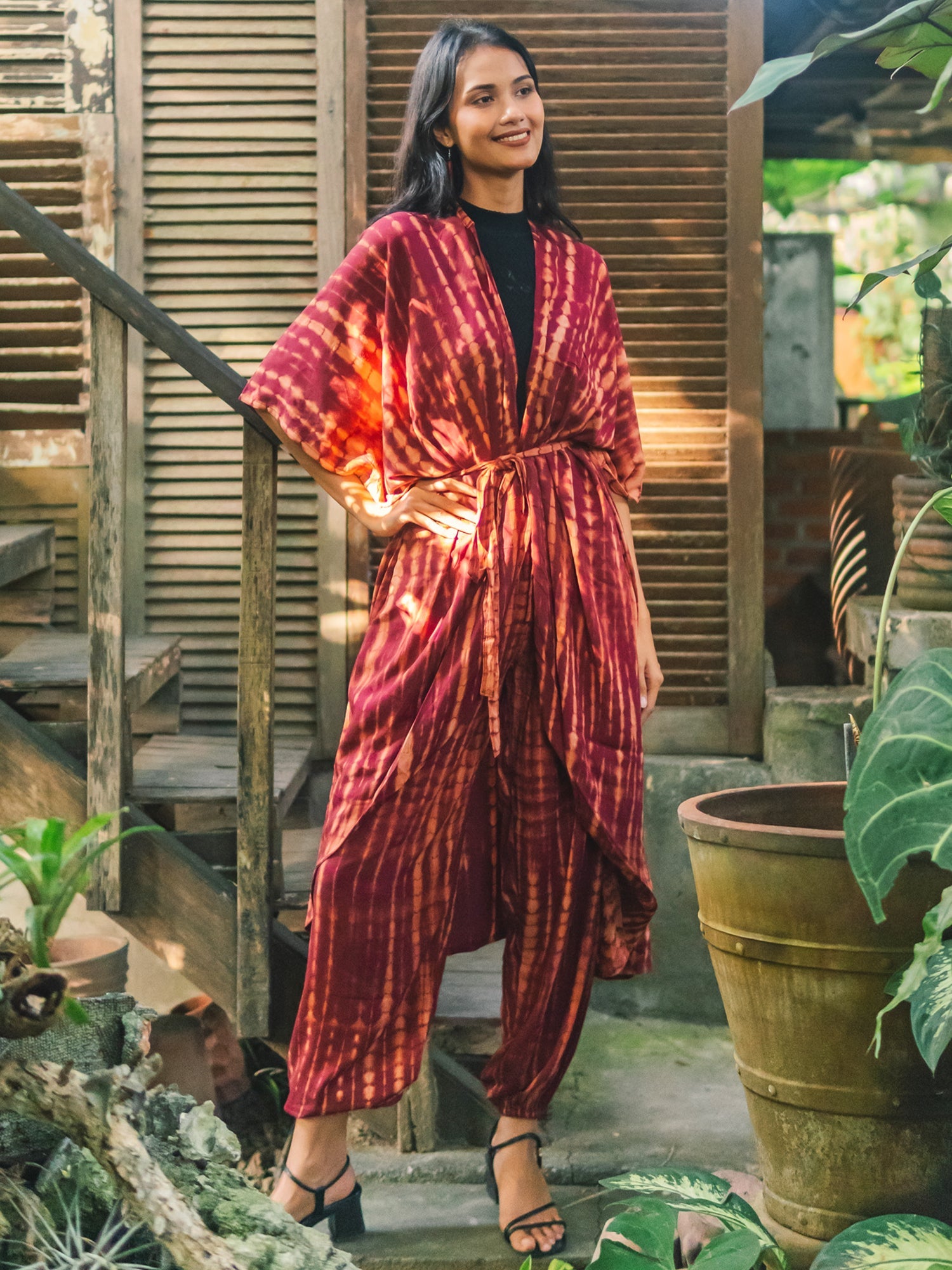 Tie Dye Long Kimono - Maroon & Gold