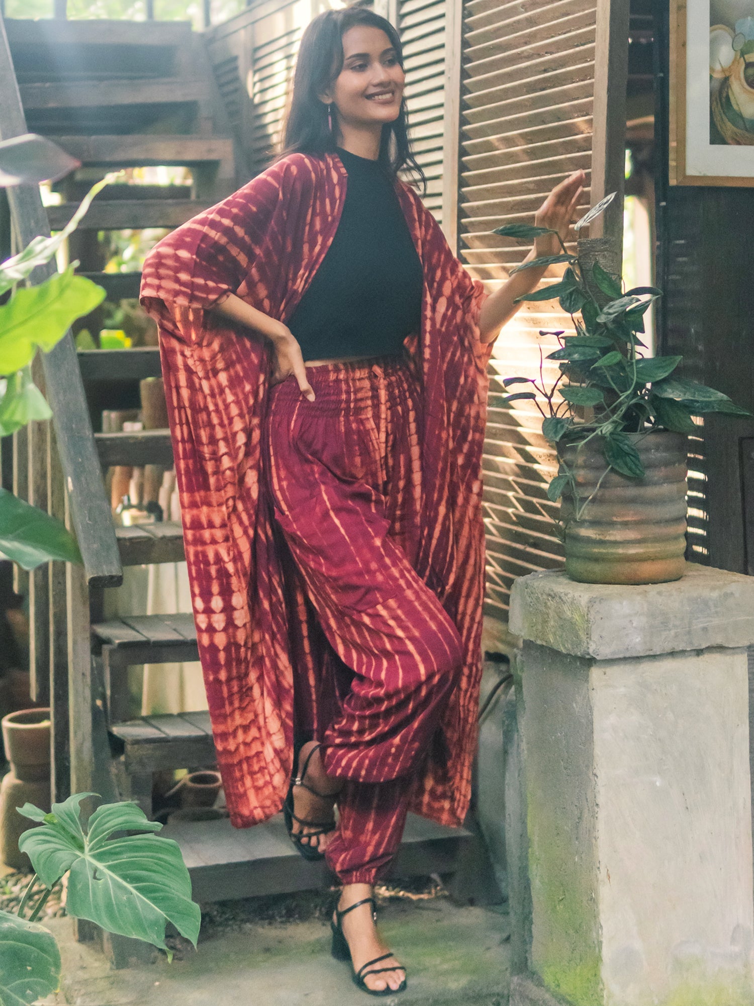 Tie Dye Long Kimono - Maroon & Gold