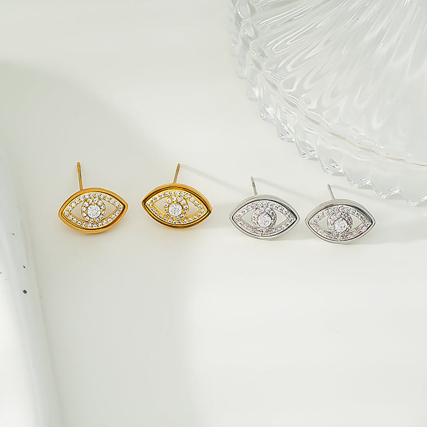 Boucles d'oreilles Lucky Eye en or blanc (ton argenté) : boucles d'oreilles œil maléfique ornées de zircone (CZ).
