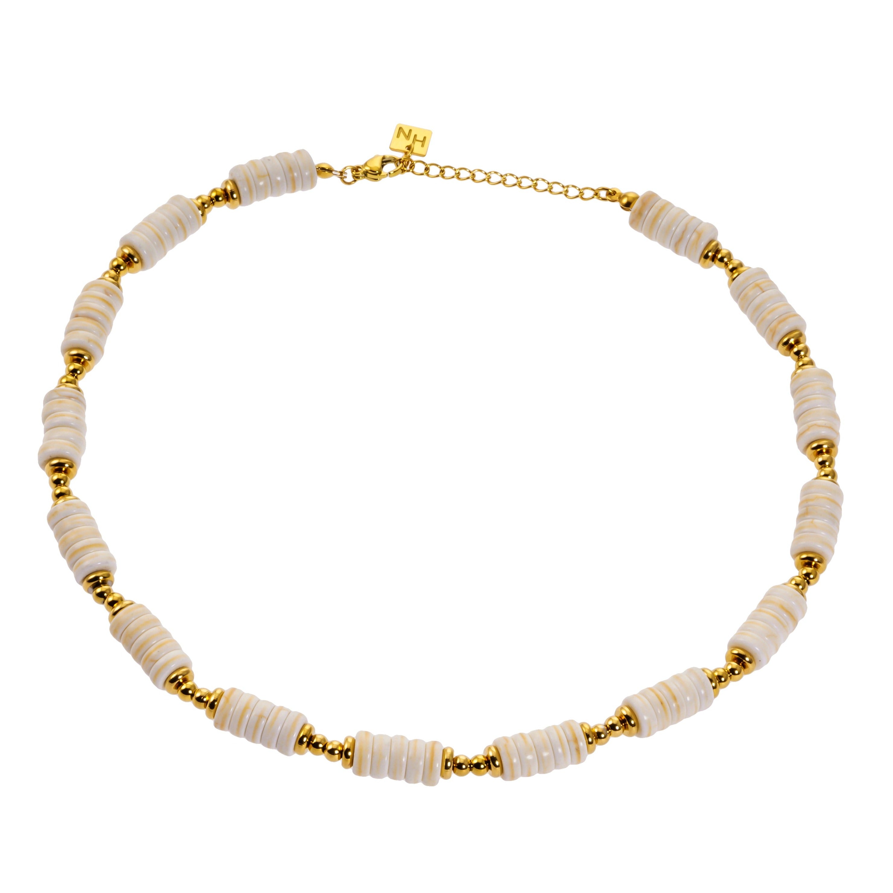 LULAMA : Collier bohème moderne en chaîne avec pierres de turquoise blanche et perles dorées.