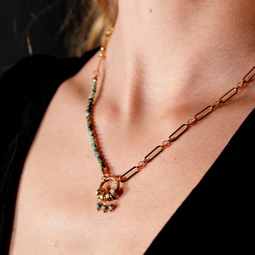 LYON: Boho-Chic African Turquoise Natural Stone Charm Pendant Gold Necklace