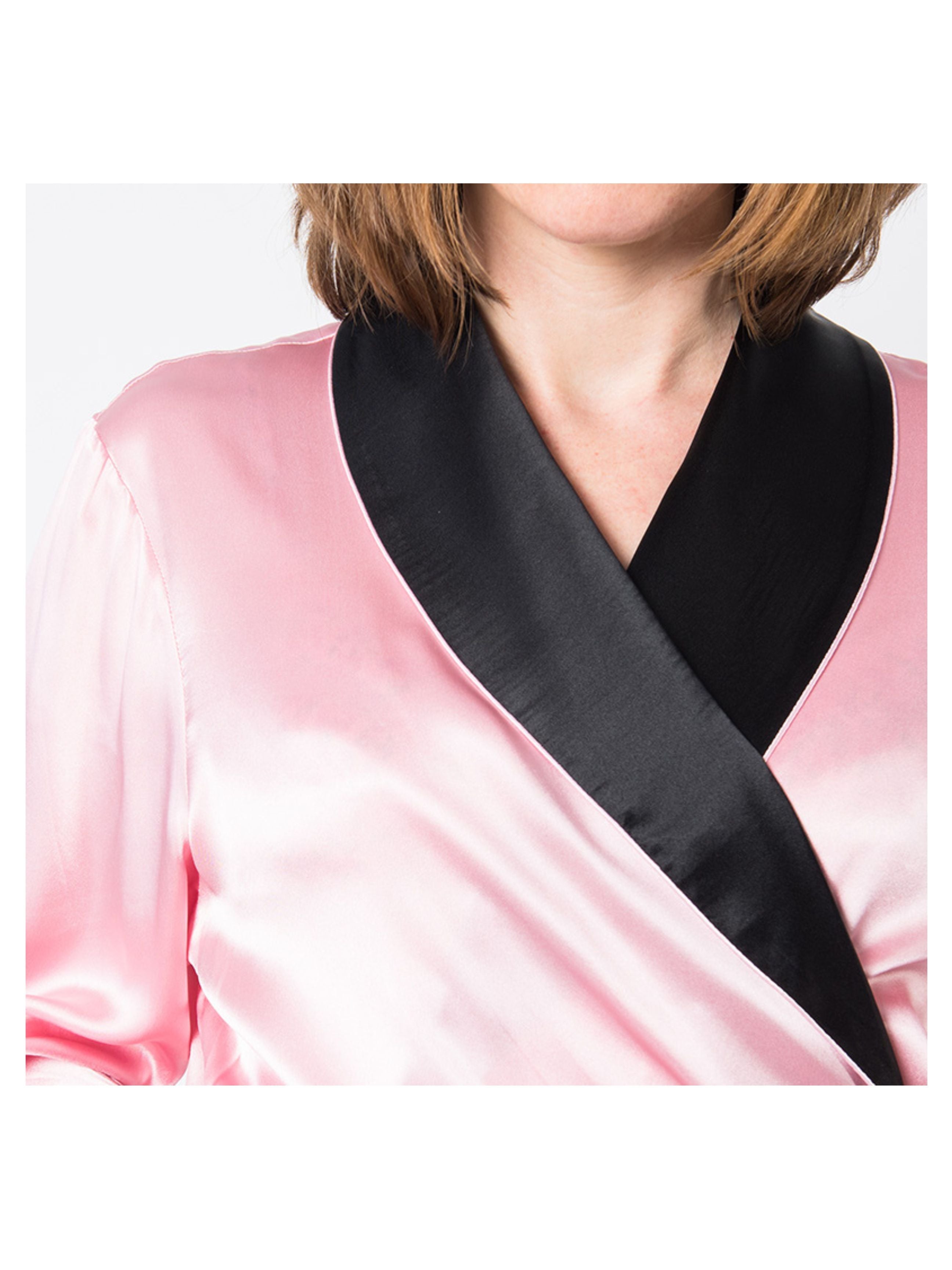 Women's Mulberry Silk Robe Pink with Black Collar