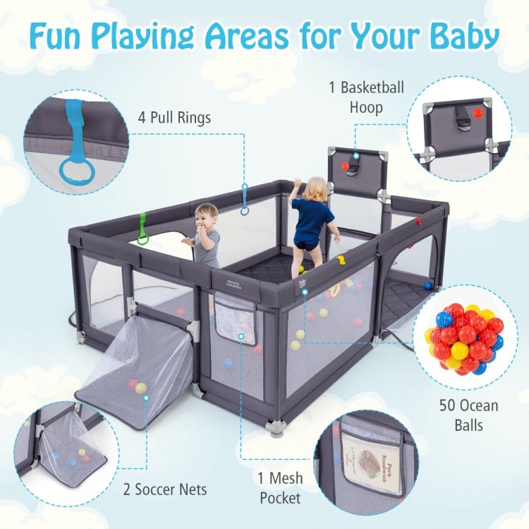 Large Baby Playpen with Mat and Ocean Balls-Dark gray