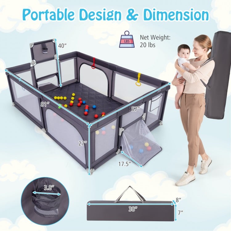 Large Baby Playpen with Mat and Ocean Balls-Dark gray