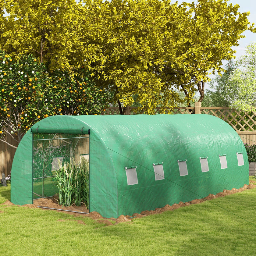 Outsunny 20'x10' Walk-In Greenhouse Sprinkler System Tunnel Wide Roll-Up Door 12 Mesh Windows Green