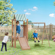 Qaba 4-in-1 Kids Swing Set for Playground with Slide, Covered Fort, Climbing Ladder, Ground Stakes, for Kids Ages 3-8, Brown