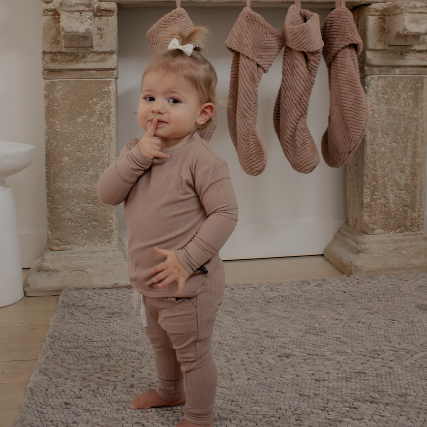 Sandy Taupe Ribbed Bamboo 2-Piece Long Sleeve Jogger Set