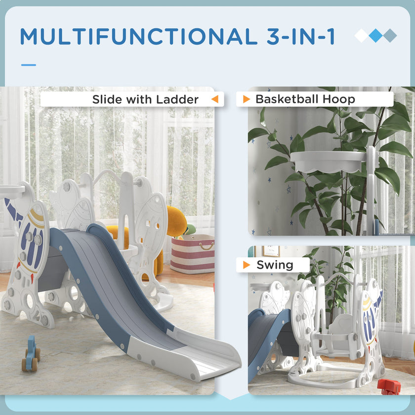 Qaba Galactic Playtime: 3 in 1 Toddler Swing Slide Set with Basketball Hoop, Indoor Playground Space Theme, White Blue Finish