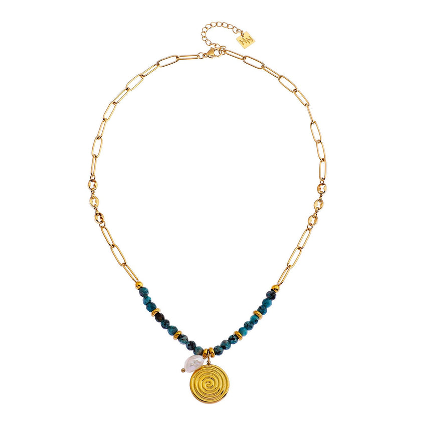MEDELLIN : Chaîne contemporaine avec perles de turquoise africaine et duo de pendentifs.