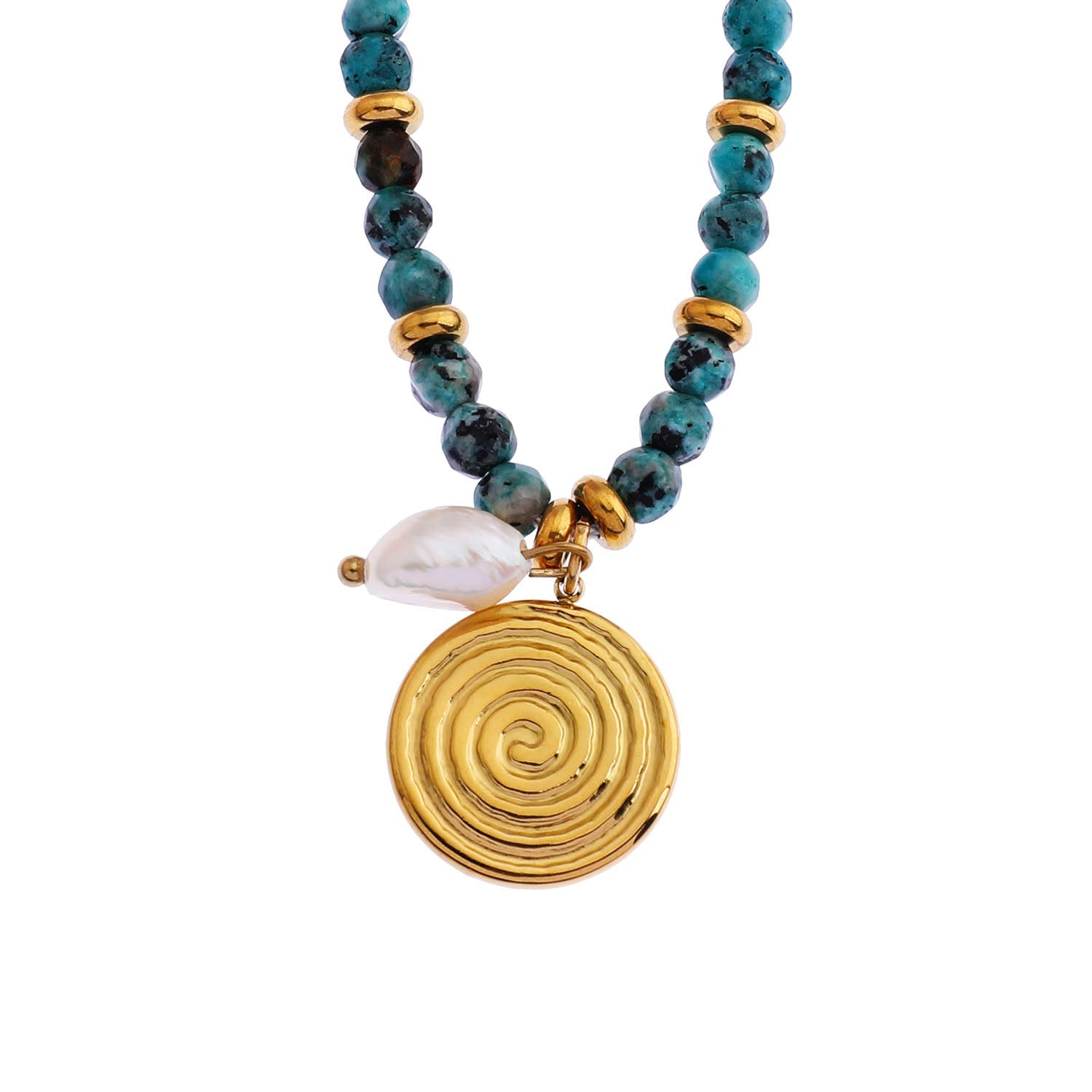 MEDELLIN : Chaîne contemporaine avec perles de turquoise africaine et duo de pendentifs.