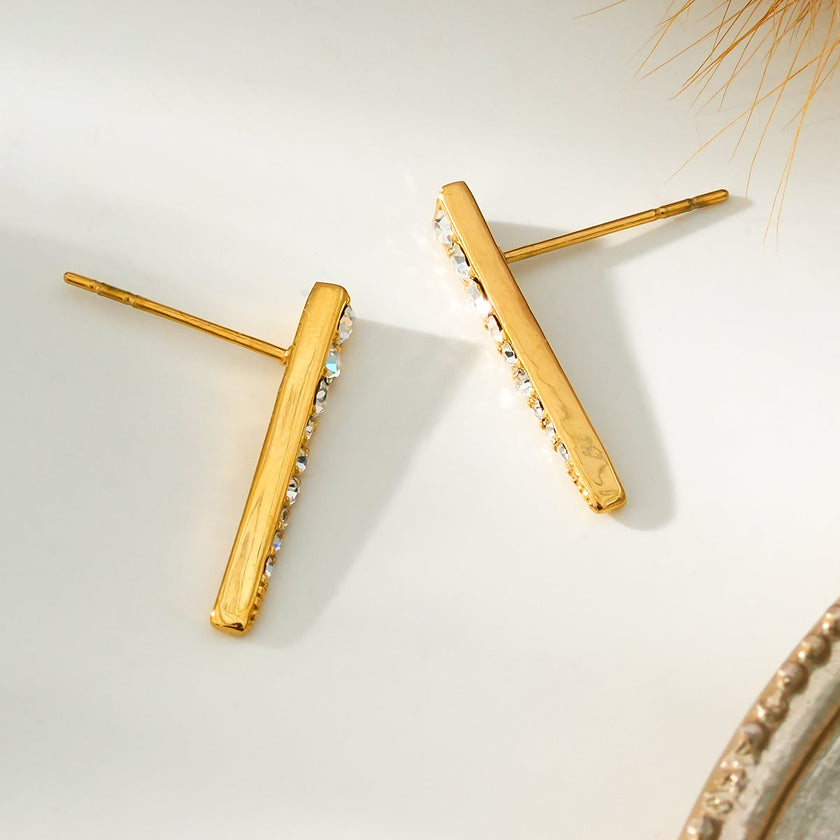 MAGNOLIA Gold: Minimalist Pavé Zirconia Embedded Bar Stud Earrings