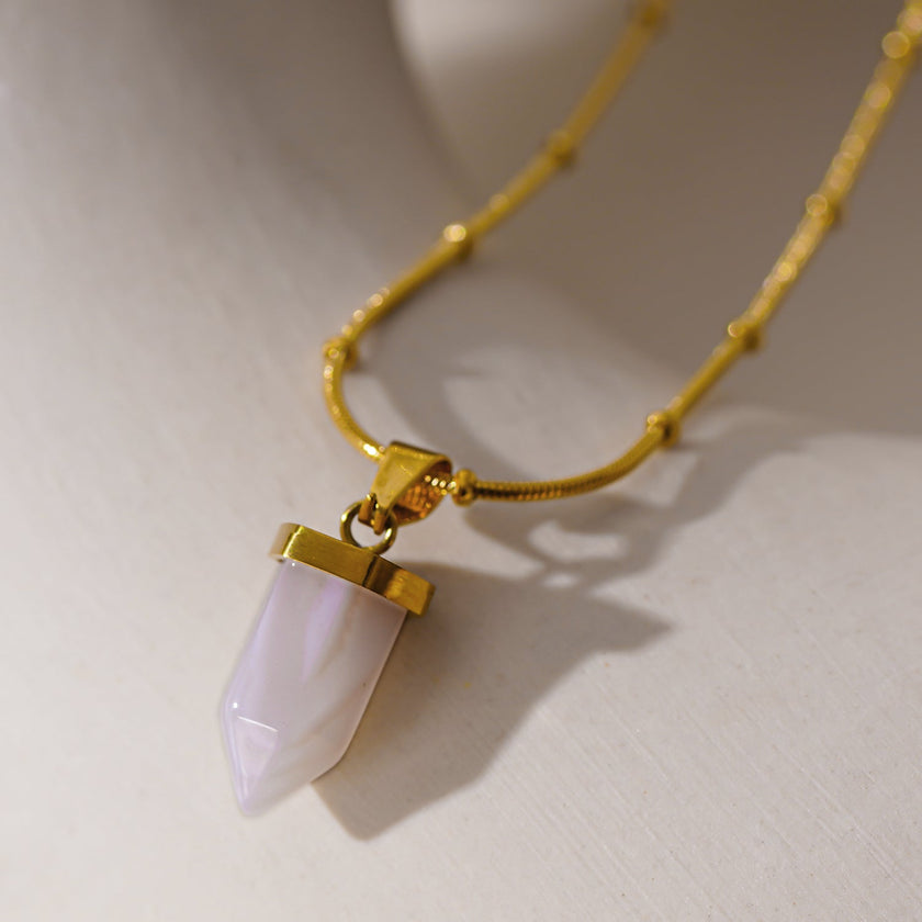 MAKEDA: Amethyst Stone Pendant Anchored on a Beaded Snake Skin Textured Chain Necklace