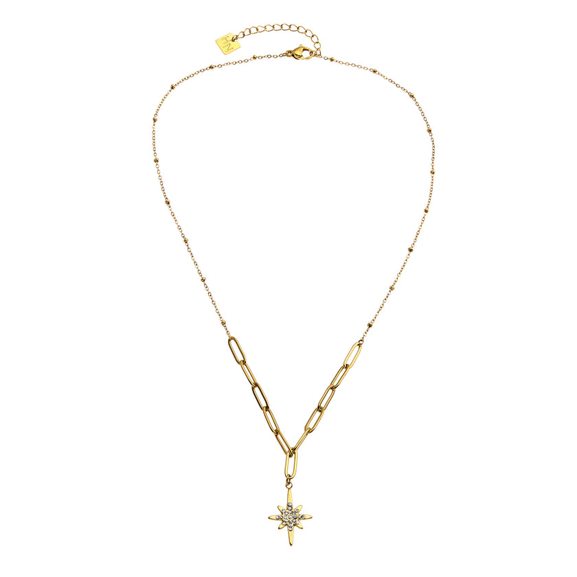 Collier MALVINA en chaîne dorée mixte avec pendentif étoile sertie de zircons.