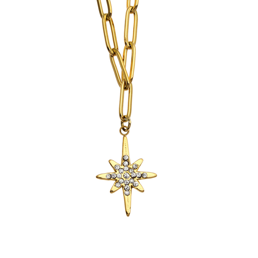 Collier MALVINA en chaîne dorée mixte avec pendentif étoile sertie de zircons.