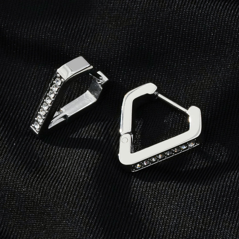 MARIETTA Or Blanc (Couleur Argent) : Boucles d'oreilles mini-cercles triangulaires avec pavé de zircons.