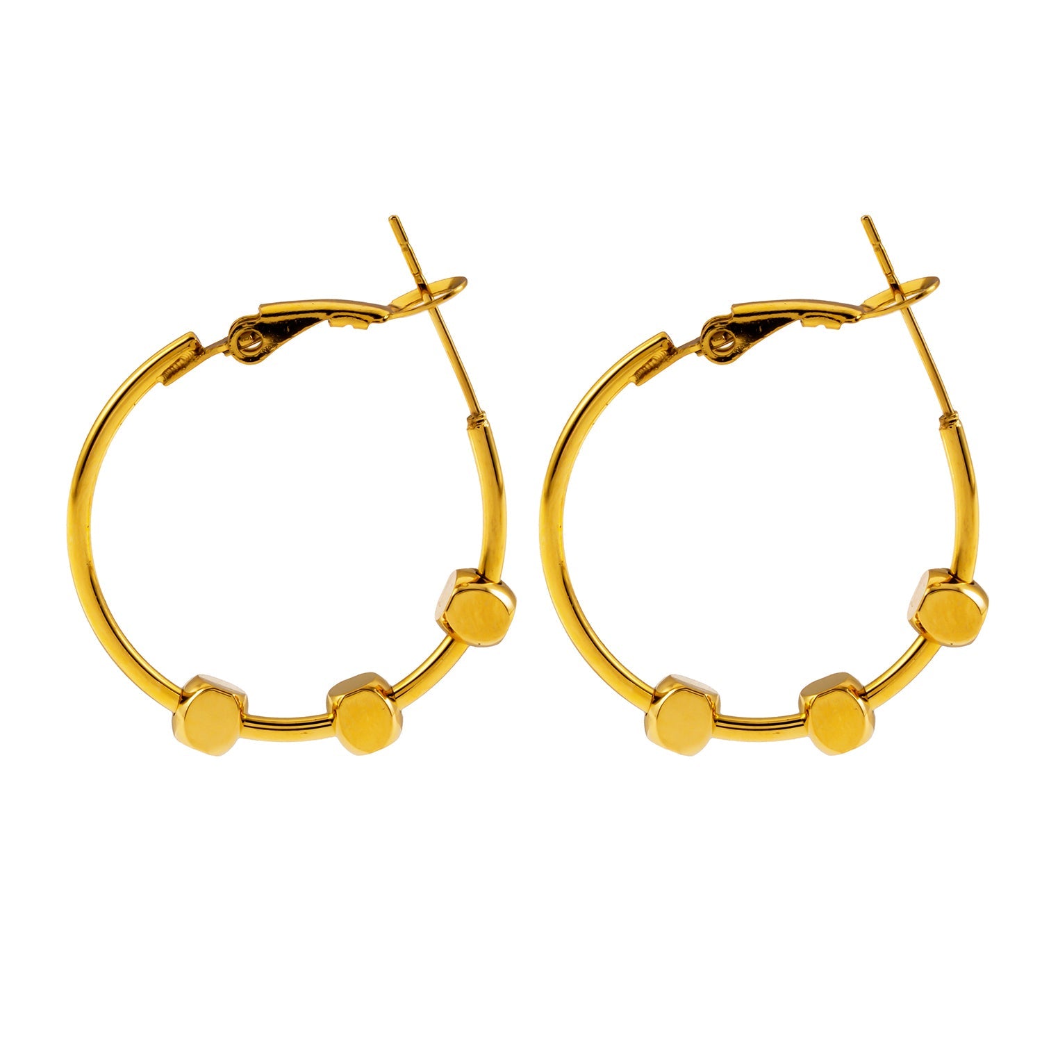 MASUYO : Boucles d'oreilles rondes avant-gardistes rehaussées d'un trio de perles carrées.