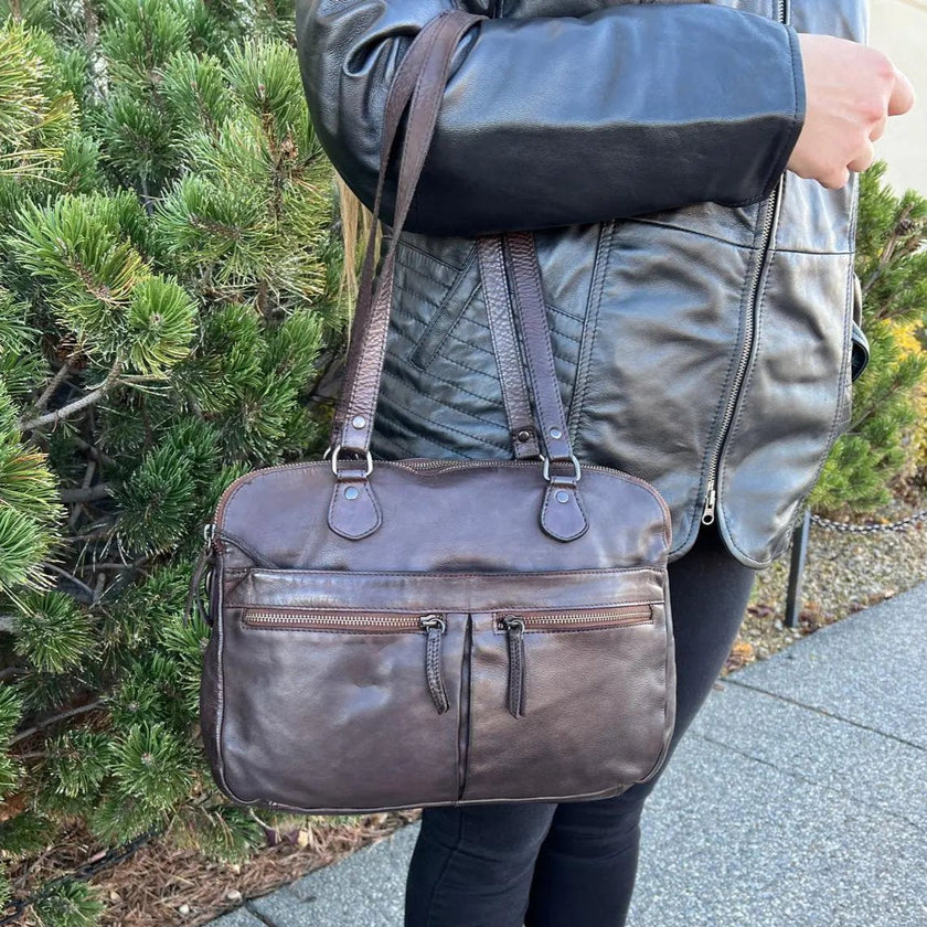 MET Leather Handbag with Dual Handles and Front Zipper Pockets