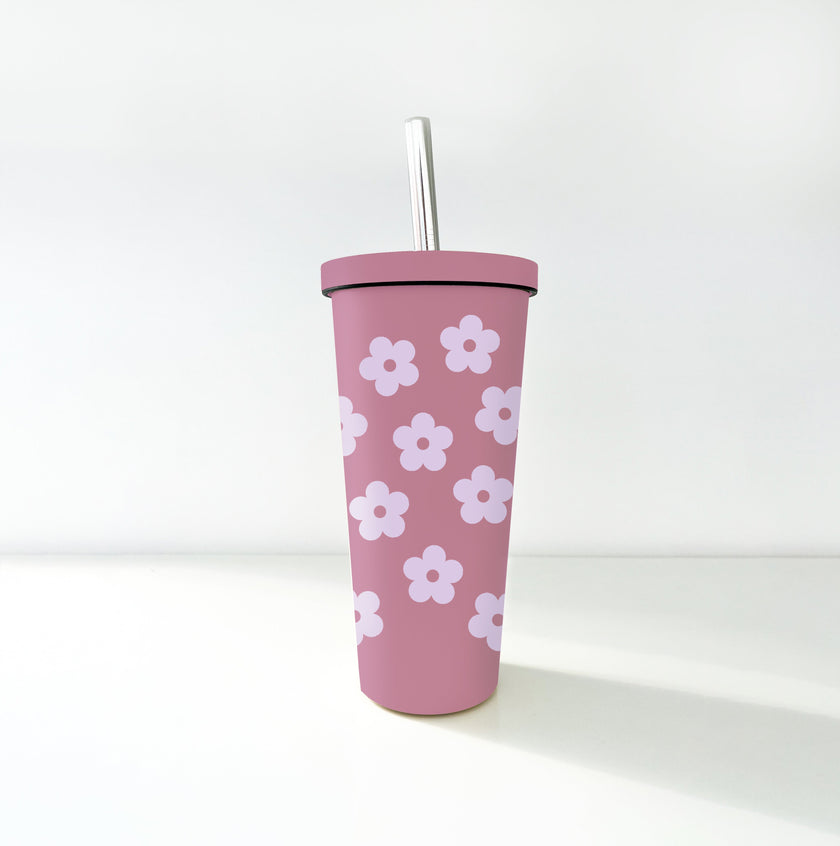 Gobelet 24oz - acier inox mauve - fleurs retro
