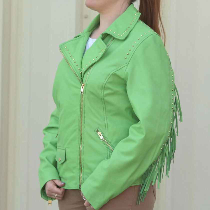 Women's Studded Leather Jacket with Removable Fringe