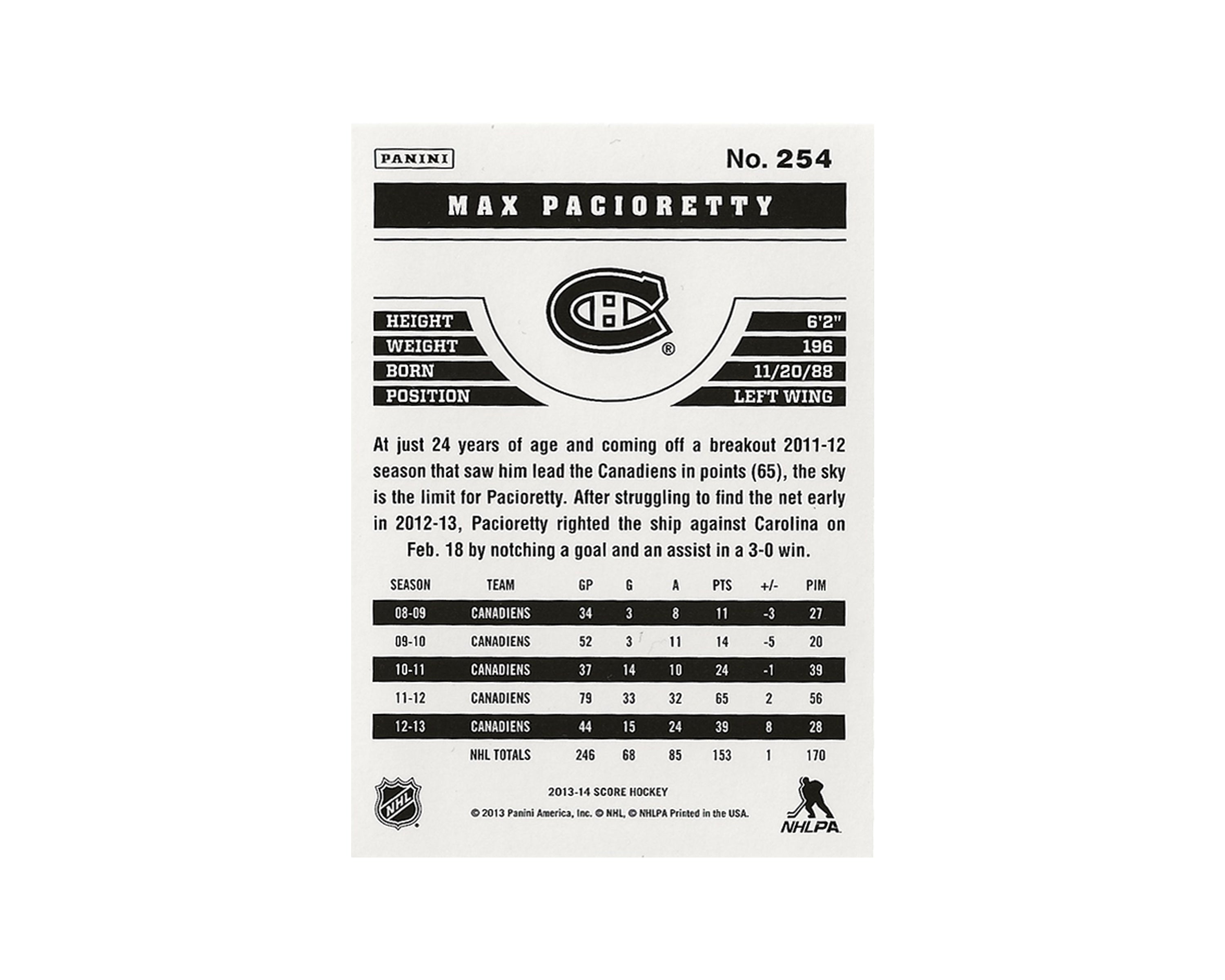 Max Pacioretty Autographed 2013-14 Panini Score #254 Hockey Card