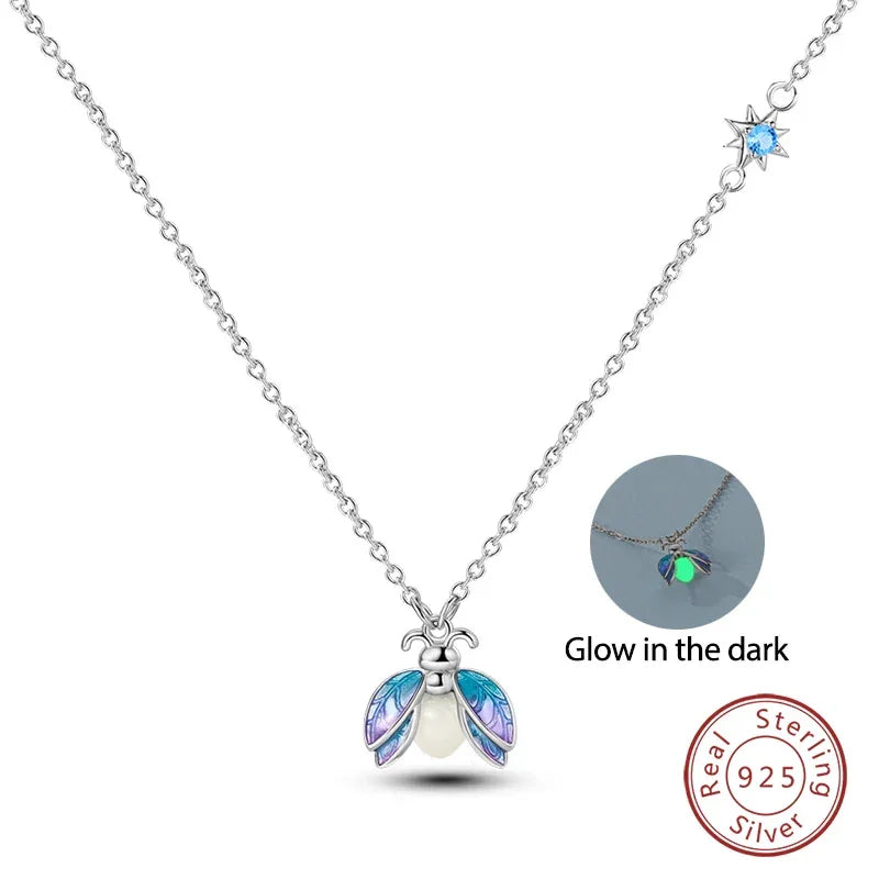 Glow-in-the-Dark Firefly Sterling Silver Necklace | 925 Enamel Pearl Pendant