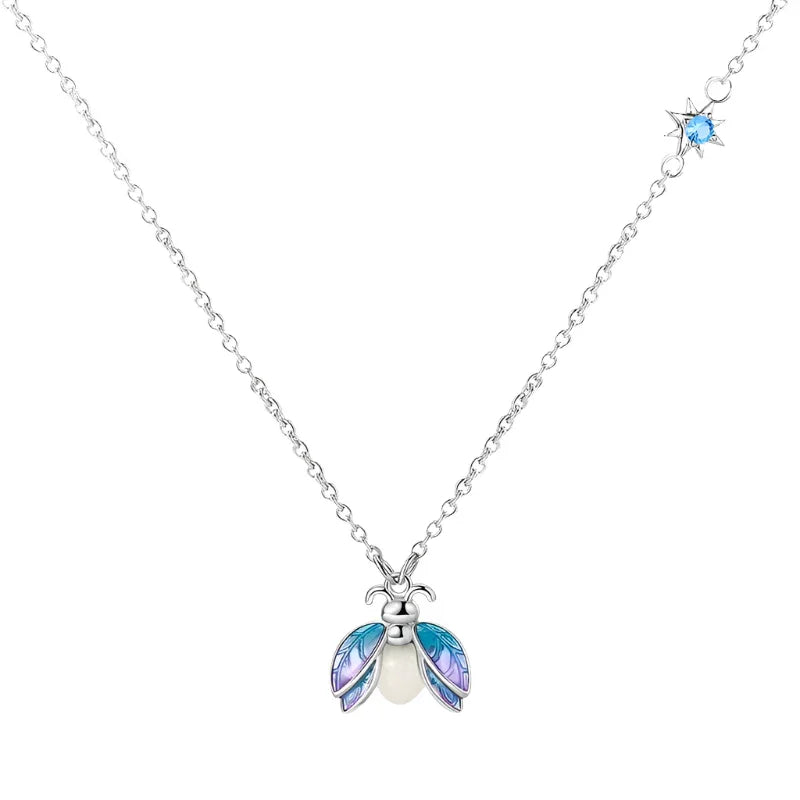 Glow-in-the-Dark Firefly Sterling Silver Necklace | 925 Enamel Pearl Pendant