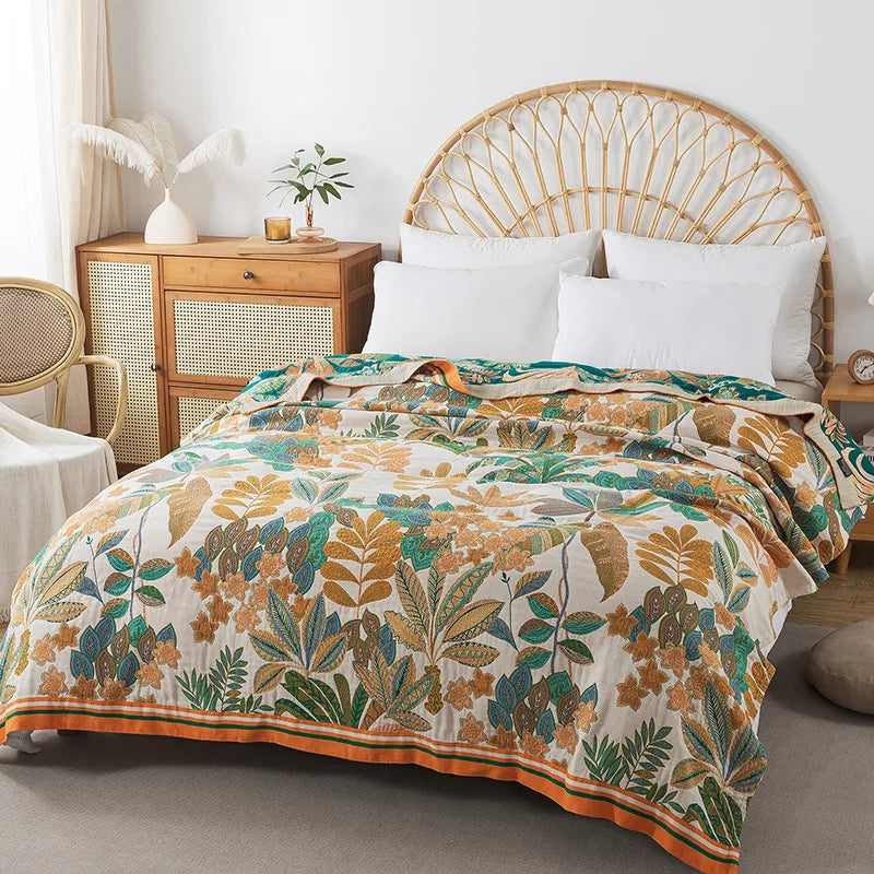 Wild Garden Boho Cotton Blanket/Throw - Cream/Orange