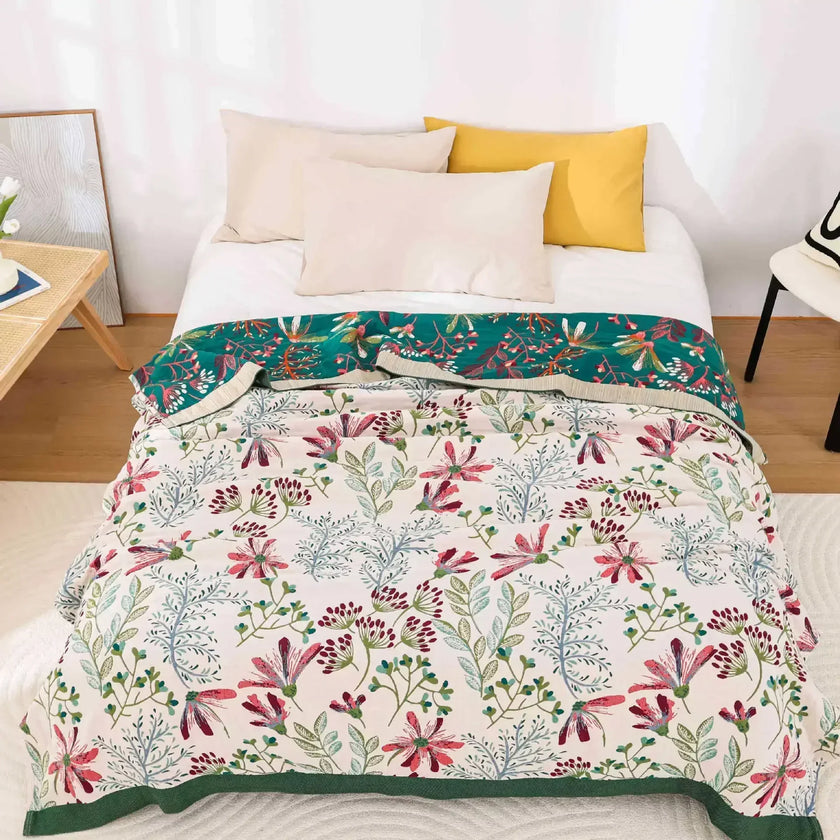 Wild Garden Boho Cotton Blanket/Throw - Cream/Emerald Green